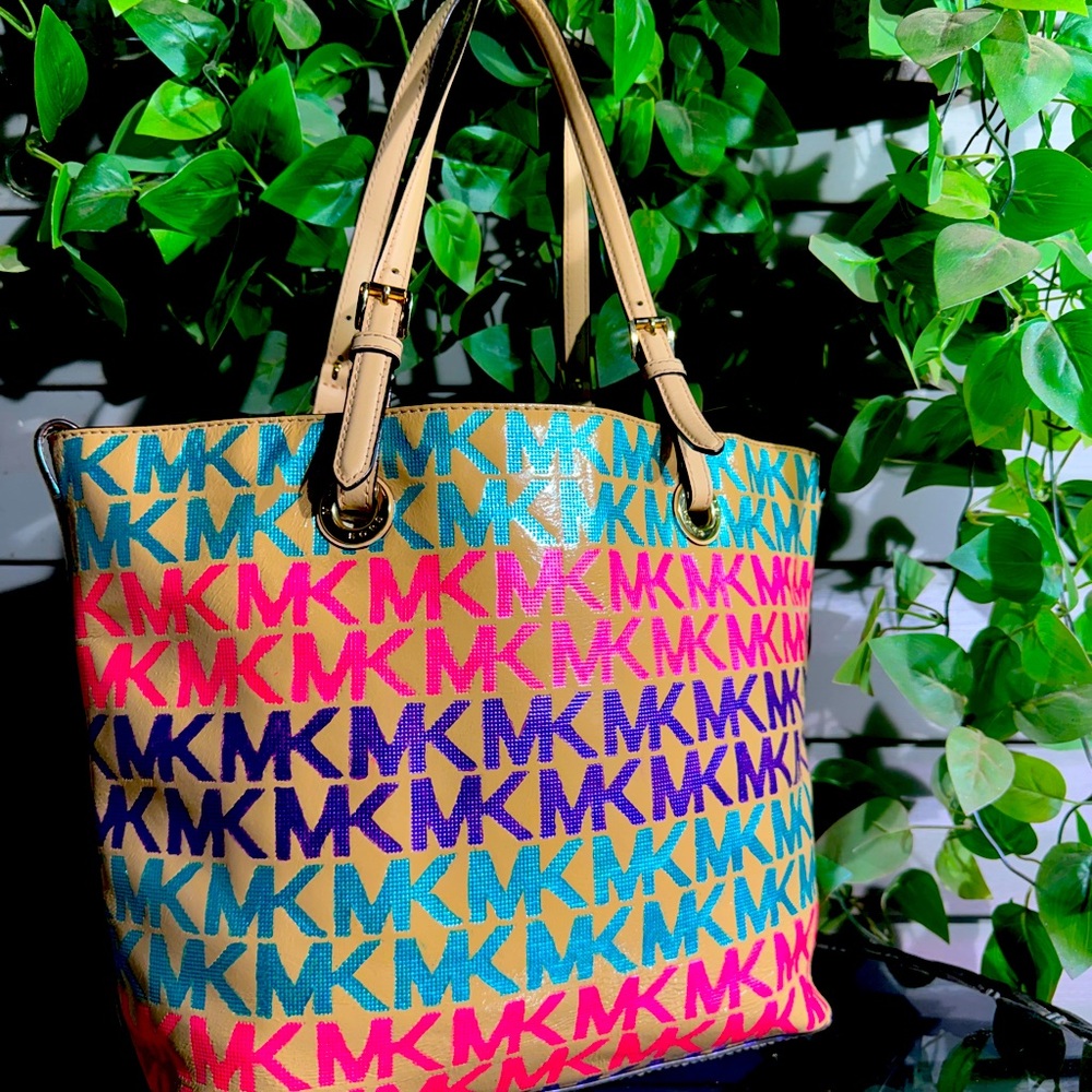 Multicolored Metallics & Tan Patent Leather Large Michael Kors Signature Bag